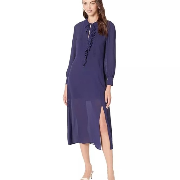 Ted Baker Faithiy Asymmetric Ruffle Midi Skirt Dress Dark Navy Womens Size Ted 2 - Picture 7 of 17